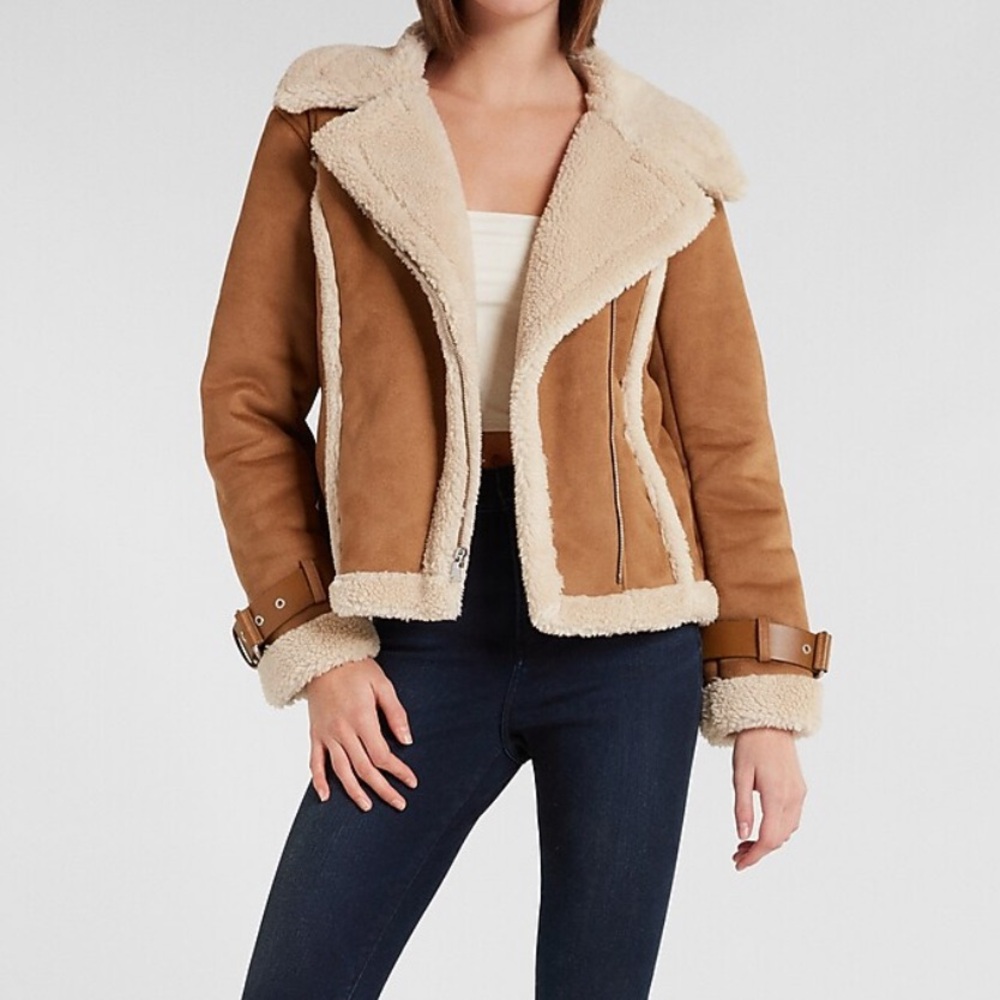 Express Faux Fur Shearling Moto Jacket in Tan Size XS